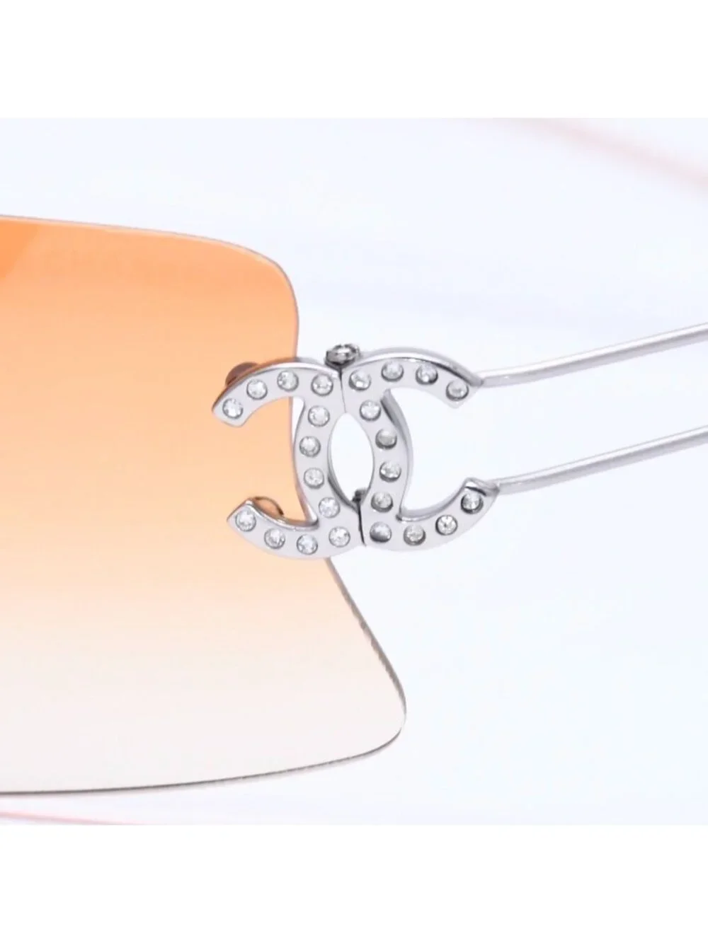Chanel Rimless Sunglasses Orange Gradient Lens Rhinestone CC Logo Silver Eyewear